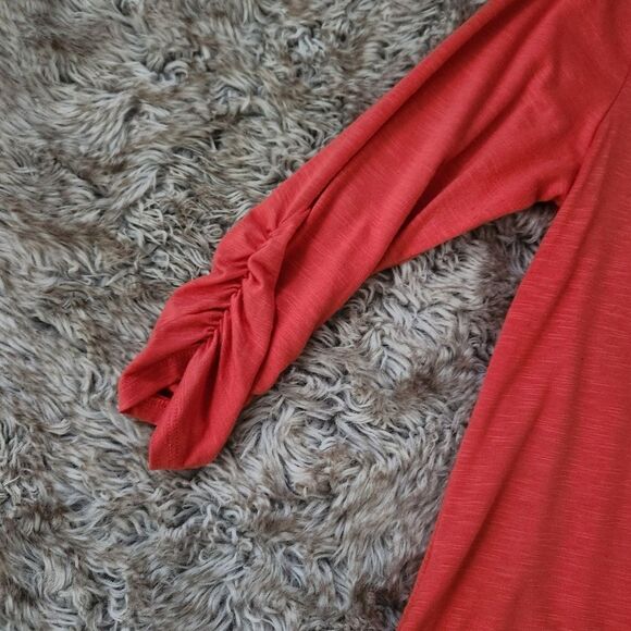 Style & Co Petite Ruched Sleeve Sheer Trim Tunic Top Red Petite Size Medium - Picture 2 of 11